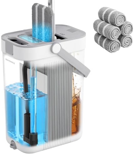 SONGMICS Mocio Lavapavimenti con Secchio, Acqua Pulita/Sporca Separata, Secchio a 3 Scomparti, Strizzatore, Mop Piatto, Testina Girevole a 360°, 5 Panni Microfibra, Grigio e Bianco LMB001WT05