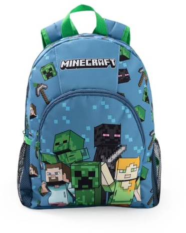 Minecraft Steve Creeper Alex Unisex Kids Light Blue Backpack | Zip-Up School Bag with Padded Straps & Front Pocket Merch