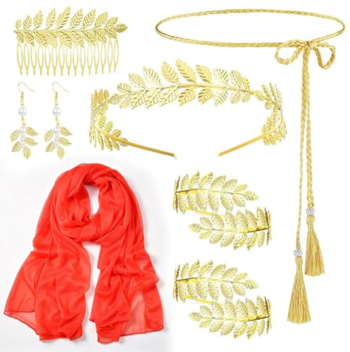 7 Stück Griechische Göttin Kostüm Accessoires Set für Damen Halloween | Antike Römische Toga Verkleidung mit Gürtel Rotem Schal Goldenem Blatt Haarband Armreif Halskette Ohrringen für Hochzeitparty