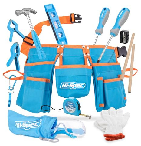 Hi-Spec 16pc Blue Kids Tool Kit Set & Child Size Tool Belt. Real Set for DIY Building, Woodwork & Construction Learning for Kids