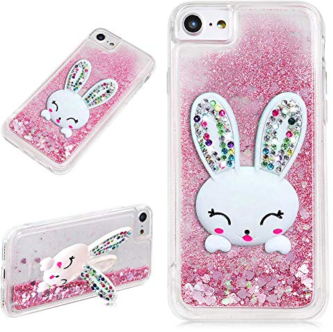 LCHDA Custodia per iPhone 6/iPhone 6S, Bling Liquido Scintillante Sabbie Mobili Diamante Lucente con Simpatico Supporto per Orecchie da Coniglio 3D Cristallo Silicone Protettivo Cover - Rosa