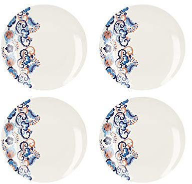 V&A Rococo Silk White Dinner Plates with Printed Design, Fine China, White, 27 cm, Set of 4