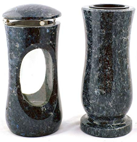 designgrab Set Grablampe Design-Small 27 cm & Vase Taille Medium aus Granit Labrador – glitzernd, klar & modern