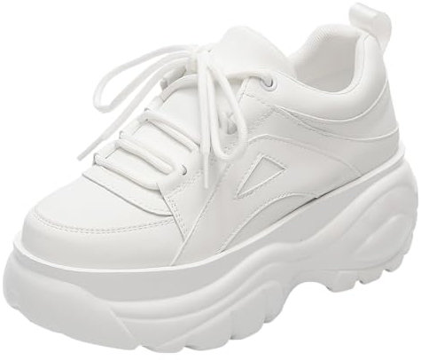 ANUFER Damen Hohe Plattform Chunky Turnschuhe Beiläufig Schnüren Sport Papa Schuhe Weiß SN02920 EU37