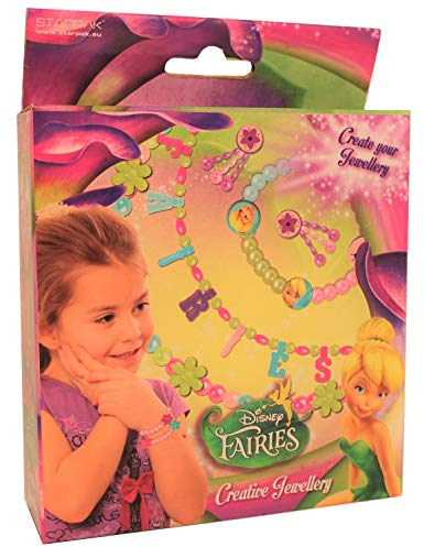 Disney Fairies Fee Tinkerbell Schmuck-Set für Ketten und Armbänder mit Perlen, Herzen, Blumen und Sticker, Kreativset für Kinder, Mädchen