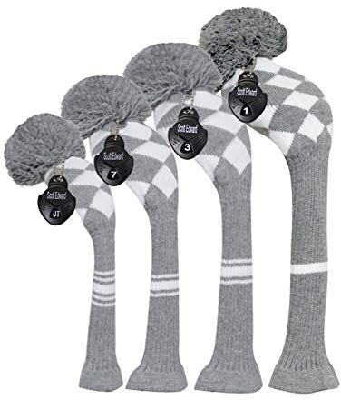 4 Pack Fairways Hybrid/UT Knit Driver's Head Covers Soft Warm Keep Club Clean (Grey White Argyl)