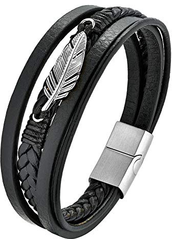 Flongo Herrenarmband Männer Kette Lederarmband, Edelstahl Geflochten Leder Echtleder Armband Armreif Armkett Kreuz Link Schwarz Silber Gold Biker Herren-Accessoires