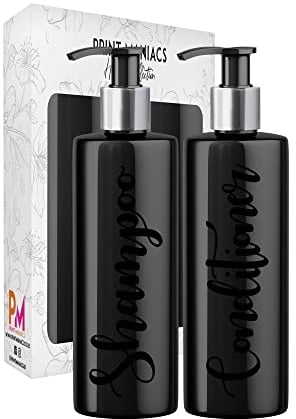 Print Maniacs 2 Set Mrs Hinch Inspired Black Personalised Dispenser Pump Bottles Shampoo Conditioner (Black)