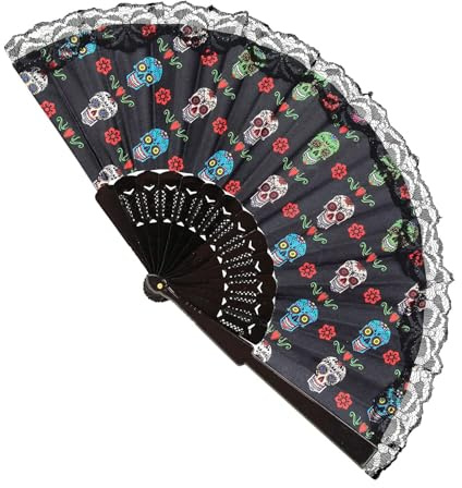 W WIDMANN MILANO Party Fashion - Éventail « Dia de los Muertos » | Éventail en tissu de 23 cm pour Halloween, le Mexique et les soirées à thème