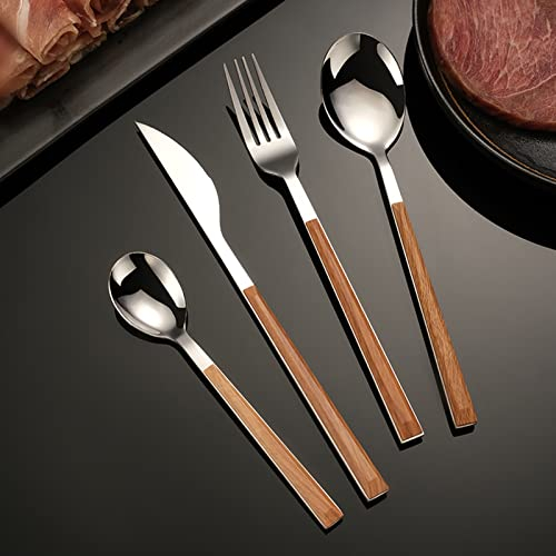 Couverts de Table 12 personnes, 48 Pièces de Couverts de Table en Acier Inoxydable, Manche en Bois, Compris Couteau/Fourchette/Cuillère/Cuillère à Café (12 personnes)