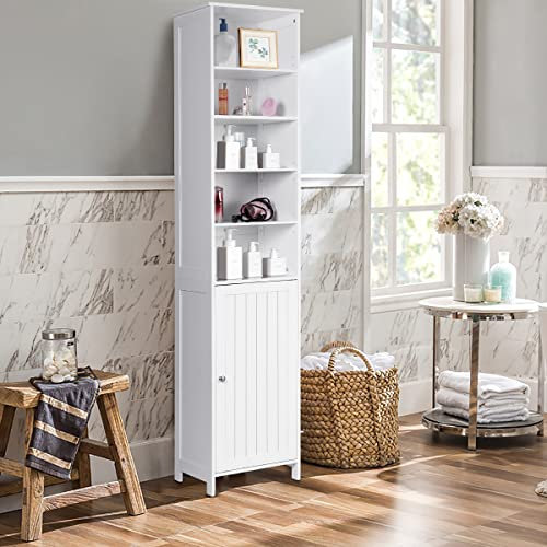 COSTWAY Bathroom Tall Cabinet, Floor Standing Cupboard Organiser with Adjustable Shelves and Door, Home Living Room Hallway High Storage Shelf Unit (White)