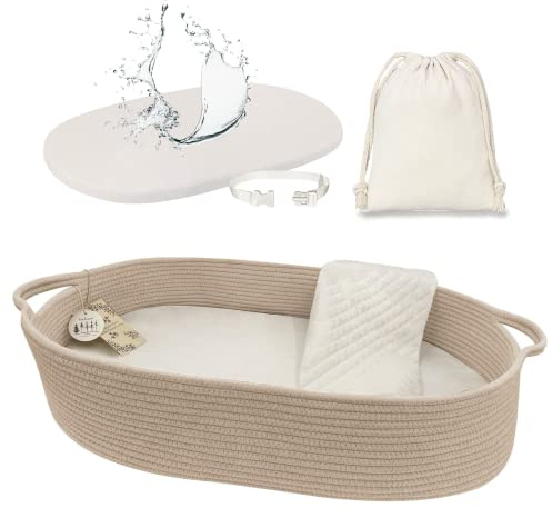meloom Baby Changing Basket with Pads and Safety Belt- 100% Cotton Boho Baby Moses Basket Changing Table and Thick Pad with Waterproof Mattress Cover, Nursery Decor in Taupe Color with Storage Bag