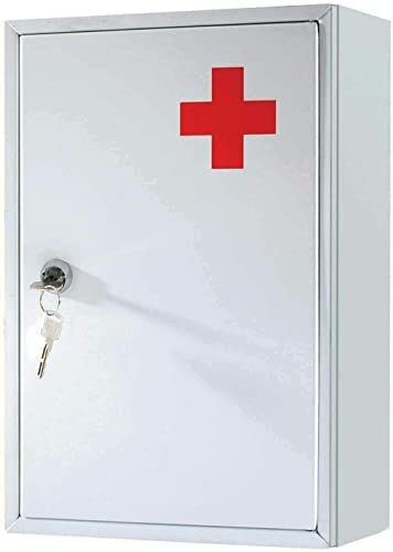 Greenfields Medicine Cabinet Steel First Aid Storage - Wall Mount Lockable Metal Case Box - Ideal for Home, School, Office - Emergency Locker Medical Cabinet - 21.5 x 8 x 32cm