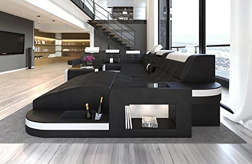 Wohnlandschaft Wave XXL Sofa U Form in Leder - mit LED Beleuchtung, verstellbare Kopfstützen, Recamiere/Lederfarben wählbar/Ausrichtung wählbar (Ottomane rechts, Schwarz-Weiß)