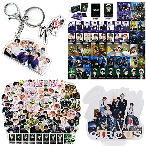Ensemble Cadeau Stray Kids, Stray Kids Photocard Set- 55 Cartes Lomo Stray Kids/ 1 Porte-clés / 95 Autocollants / 1 Personnage Acrylique