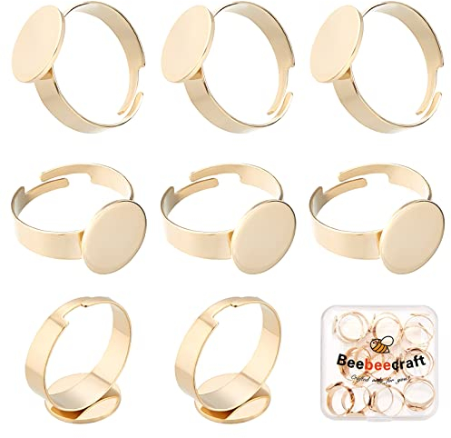 Beebeecraft 20 Stück/Box 24 Karat Vergoldete Edelstahl Ringrohlinge 12 mm Flache Ringbasis Blanko Fingerringe Basiseinstellungen Für DIY Ringe Basteln (Goldfarben)