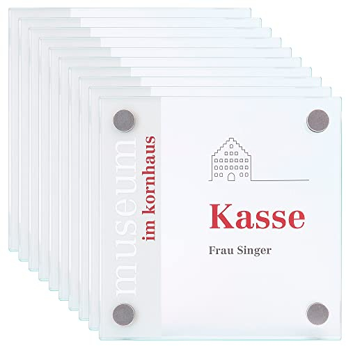 10x GALERIE Türschild | 150x150 mm | 2 Scheiben ESG Glas | 4x Edelstahl Halter | Türschild Büro | Büroschild