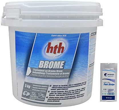 HTH Brom-Tabletten 20 g – 5 kg | Langsames Brom – Regelmäßige Desinfektion – langsam löslich + 10 HPS-Tests gratis 6 in 1