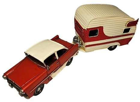 DynaSun Vintage Metall Auto mit Wohnwagen Modell im Retro Stil, Sammlerstück, Maßstab, Länge 42 cm