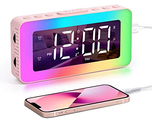 Sukeen Wecker Kinder Erwachsene, Wecker Digital Mit Licht, Digitaler Uhr Mit Doppelalarm, 8 Einschlafgeräusche/Nachtlichter, Einschlaftimer, USB-Ladegerät, Spiegeluhr Digitaluhr für Schlafzimmer-Rosa
