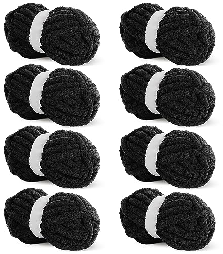 HOMBYS Schwarzes grobes Chenille-Garn zum Häkeln, sperriges, dickes, flauschiges Garn zum Stricken, super sperriges grobes Garn für Handstrickdecken, weiches Plüschgarn, 8 Jumbo-Packungen (27 m, 227 g