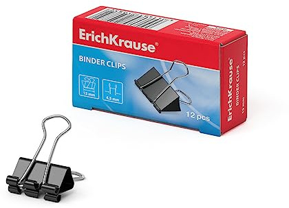 Erich Krause Foldback Klammern 15mm aus Metall 12 Stück Schwarz - Vielseitige Büroklammern für Bürobedarf & Schreibtischzubehör - Binderclips Papierklammern Briefklammern Aktenklammern