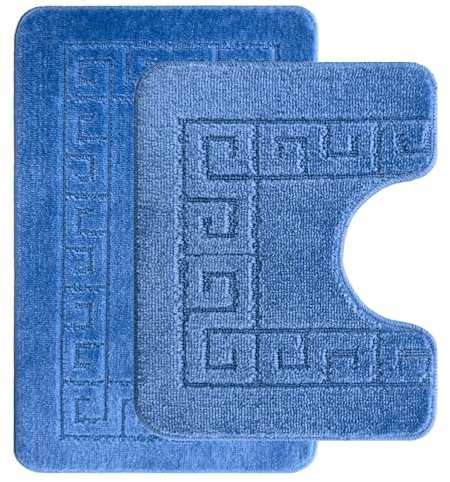 Ambience Products Badematten mit griechischem Schlüsselmuster, rutschfest, weich, waschbar, schnell trocknend, wasserabsorbierend, Badezimmer-Duschmatte und WC-Vorleger, 2-teiliges Set, Blau