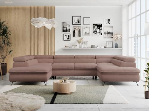 MKS MEBLE Sofa U-Form Rosa, Wohnlandschaft U-Form, Sofa mit Schlaffunktion und Bettkasten, Schlafsofa mit Bettkasten, Couch mit Verstellbare Kopfstützen - Peter U - Rosa Boucle