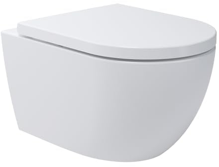 Whirlflush Soho 3.0 Tornado - Inodoro suspendido para pared, sin borde, sin enjuague, muy blanco, con asiento de inodoro termoestable de cierre suave, higiénico