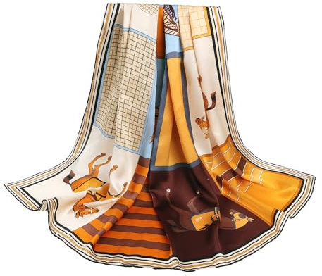 MEISEE Schal aus 100% Seide, 109,2 x 109,2 cm, groß, quadratisch, leicht, Kopftuch, Halstuch, Haarwickel, Schals mit Geschenkverpackung, Orange kariertes Pferd, 109 cm