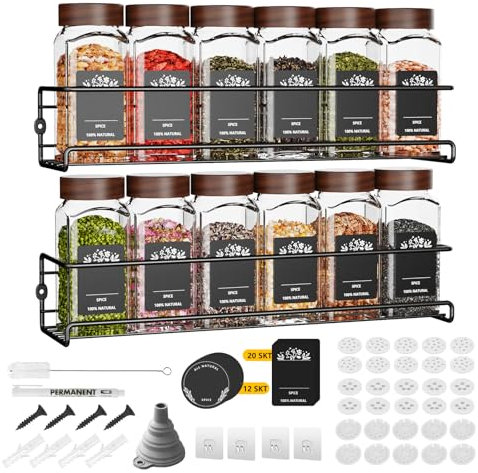 Fsvaer 2-Teiliges Gewürzregal Ohne Bohren Hängend mit 12 Gewürzgläser aus Holz,Gewürz Organizer,Gewürzständer&Küchenregal Wand(29×8×6CM),Spice Rack