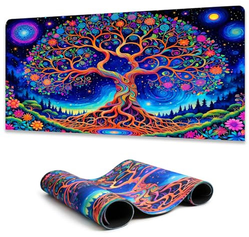 Manicer Tapis de souris motif arbre de vie vibrant - Grand sous-main de jeu - Réactif aux UV - Base en caoutchouc antidérapant de 3 mm - Pour bureau et maison - 80 x 30 cm