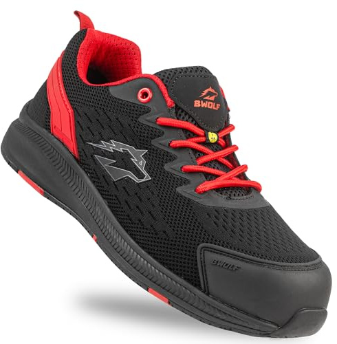 B-well BWOLF Fly S1PS ESD Chaussures de Travail ESD Kevlar Anti-Perforation antidérapantes Semelle EVA Confort, Noir/Rouge, 43 EU