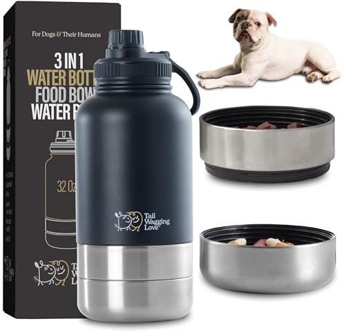 Tail Wagging 3 in 1 Portable Dog Travel Water Bottle with Two Detachable Water & Food Bowls, 32oz Stainless Steel Insulated Travel Water Bottle Dispenser for Dogs - Durable & Leak-Proof Design Black