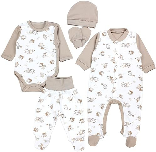 TupTam Baby Kleidung Set Jungen Langarm Bekleidung Neugeborene Füßlingen Hose Body Strampler Mütze 5 tlg, Farbe: Bärchen Sterne Beige, Größe: 50