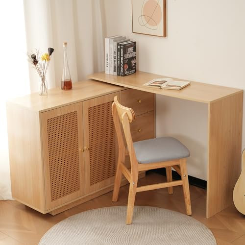 L-förmiger Schreibtisch Beistellschrank Sideboard 126 cm, Computertisch mit Rattantüren, drehbarer Eckschreibtisch mit Stauraum, weiß, flexibel als Büro-, Arbeits- oder Schminktisch nutzbar