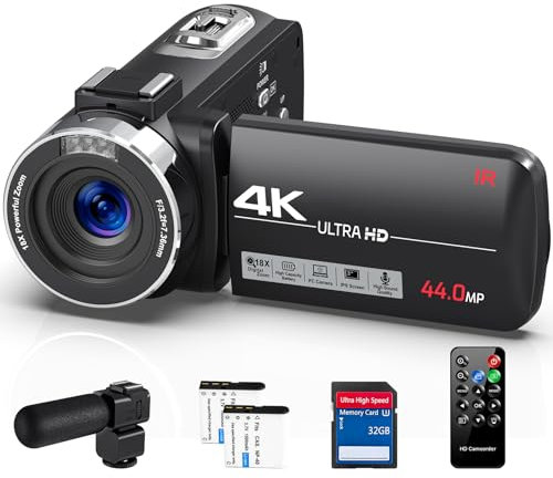 DINGETU Videocamera 4K Ultra 44MP Vlogging Camera per YouTube Zoom Digitale 18X Videocamera 3 IPS Schermo IR Visione notturna con microfono esterno, controller, 2 batterie e scheda SD 32G