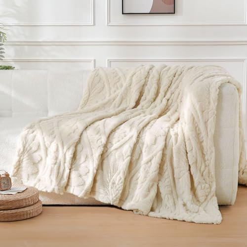 WONGS BEDDING Kuscheldecke Flauschig Boho Decke Fleecedecke 200x230 cm, Sofadecke Wolldecke Couchdecke Warme Weiche Decken Überwurf für Sofa Couch Bett, Weiß Creme