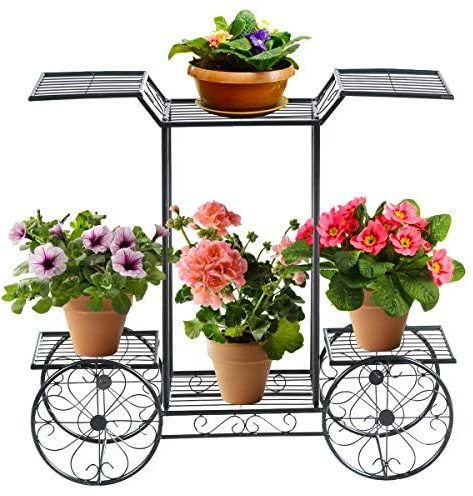FANTASK Pflanzenregal Metall, Blumenregal schwarz, Blumenständer mit 6 Ablagen, Pflanzenhalter für den Innen- und Außenbereich