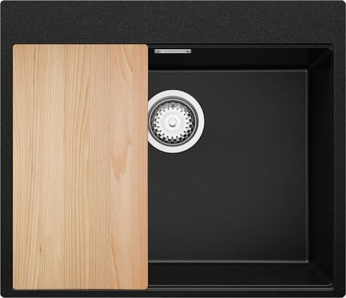 PRIMAGRAN Spülbecken ab 60er Unterschrank + Ablauf-Set, 58x50cm | Set: Ablauf-Set (Siphon, Ablaufgarnitur, Überlauf) + Schneidebrett + Granitspüle 1 Becken - Oslo Top, Schwarz