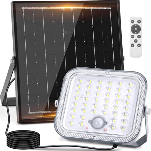 Aigostar Foco LED solar exterior con gran panel solar,Súper Luminoso,4000mAH,Batería gran capacidad,Impermeable IP66 Luz Solar,lampara solar con detección de movimiento para jardín,6500K