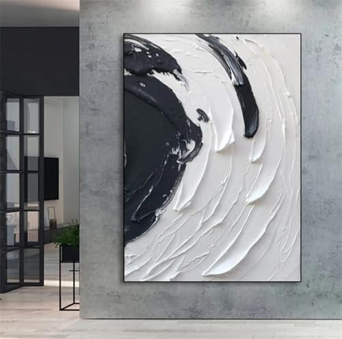 XBTYKPB Grande toile noire et blanche texturée, peinture 3D abstraite minimaliste, 50 x 70 cm, avec cadre