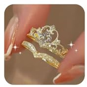 18K Gold Plated Crown Ring Set, AAA Zirconia Couple Rings with Pink Diamond Accents, 2-Piece Adjustable Heart & Crown Matching Jewelry