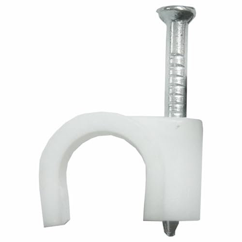 Grapa para cable y manguera blanca, 8 mm, 100 unidades; ideal para fijar y organizar cables en instalaciones eléctricas.
