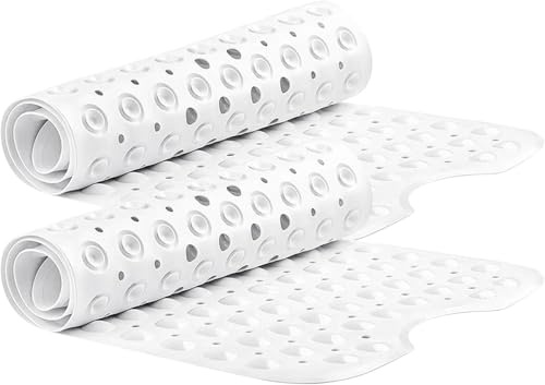 MOONLIGHT20015 Shower Bath Mat Non Slip Anti Mould & Mildew 2 Pack with Strong Suction Cups Grip and Drain Holes Shower Mats - PVC Bathroom Mat Machine Washable (100x40cm, White)
