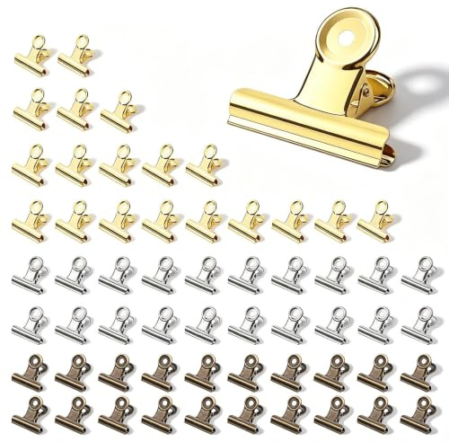 WJUAN Lot de 60 pinces métalliques | Mini pinces bulldog en acier au manganèse avec trou d'accrochage | Pour photos, dessins, bricolage | Or/Argent/Bronze