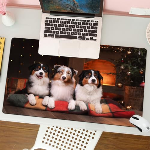 MESHIZIY Gaming Mouse Pad, ratón de Pad 75 x 40 cm,Hoja, Raza de Perro Pastor Australiano Feliz año Nuevo Navidad,sin Distancia y Mouse Impermeable, para computadora