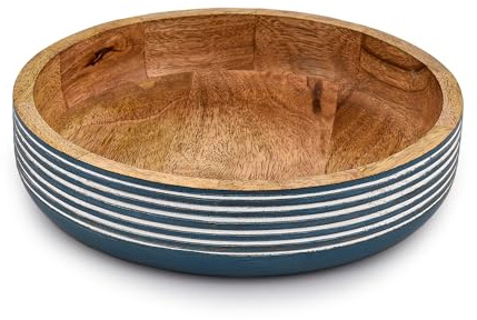 Indus Lifespace Mango Wood Fruit Bowl Rustic Blue Finish Decorative Serving Bowl Wooden Centerpiece for Kitchen Counter, Dining Table | (10 X 10 X 2.5)