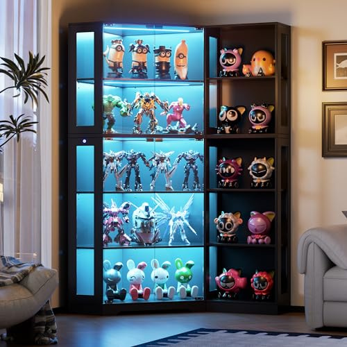 PAKASEPT Corner Display Curio Cabinet with Glass Doors, Glass Display Case with LED Lights for Collectibles,Display Storage Shelves for Living Room,Black