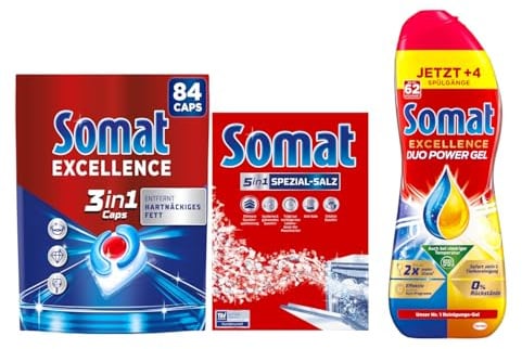 SOMAT Excellence 3in1 Caps 84 Stück 1,52 kg + Duo Power Gel 992 ml + 5in1 Spezial-Salz 1,2 kg – kraftvoller Kalkschutz und gründliche Reinigung für Ihre Spülmaschine